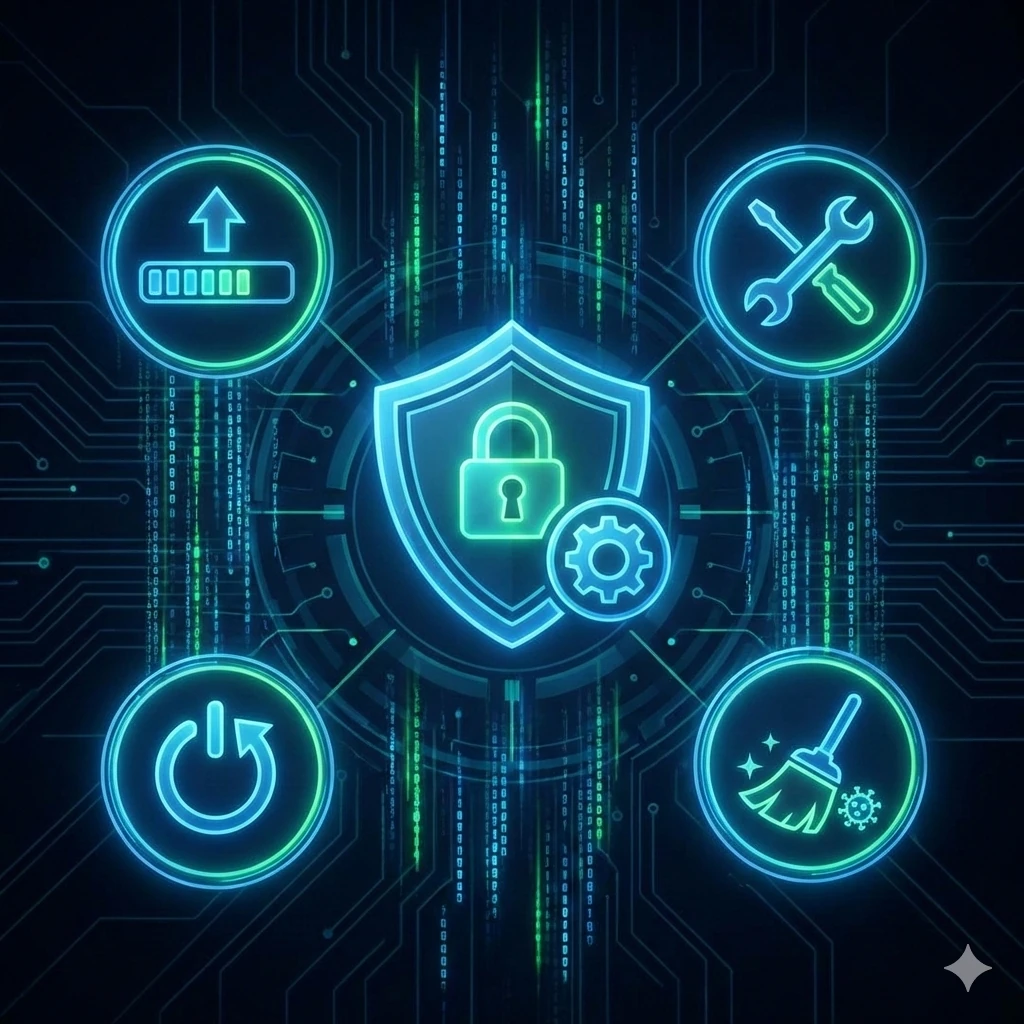 Técnico realizando mantenimiento informático preventivo y revisión de seguridad